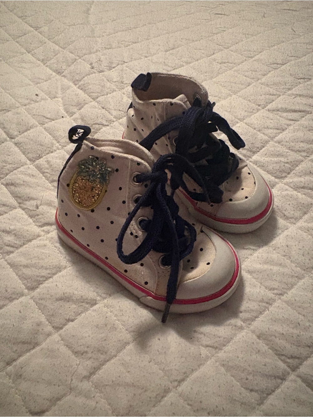 Gymboree Cream Polka Dot High-Top Sneakers with Navy Laces and Pineapple